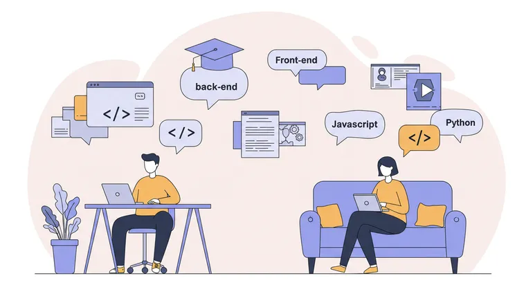Ilustracija ljudi koji uče programiranje, fokus na frontend, backend i jezike kao što su Python i JavaScript