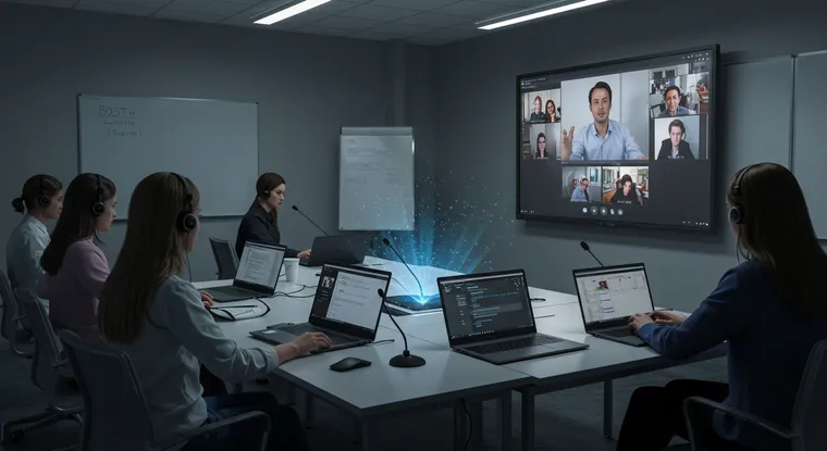 Online sastanak u konferencijskoj sali sa učesnicima koji koriste laptope i slušalice, dok se video poziv prikazuje na velikom ekranu