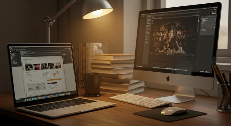 Moderno radno okruženje sa laptopom i desktop računarom, fokusirano na grafički dizajn i editovanje fotografija