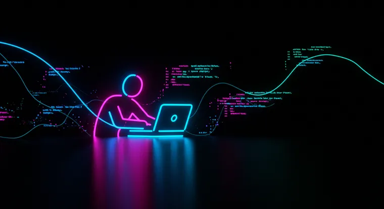 Neonski dizajn programera za laptopom sa linijama koda u pozadini, simbolizuje digitalnu kreativnost i razvoj softvera