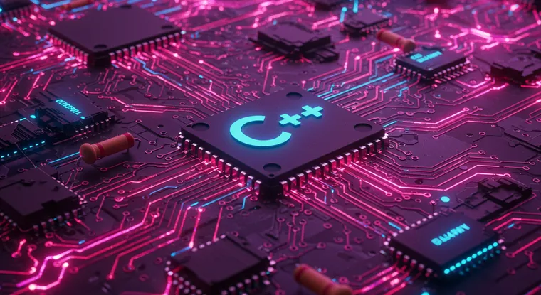 C++ procesor na elektronskoj ploči sa svetlosnim efektima, simbolizuje snagu i inovaciju tehnologije