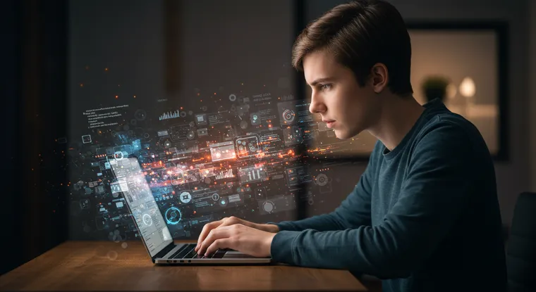 Mladi stručnjak analizira podatke veštačke inteligencije dok istražuje kako automatizacija može zameniti ljudske poslove