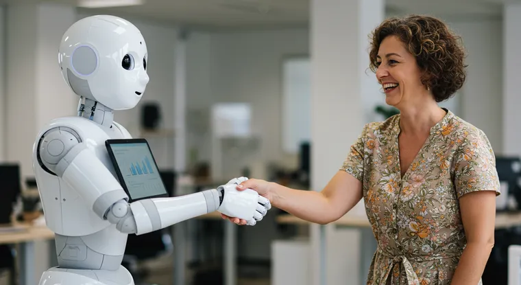 Žena u kancelariji koja sarađuje sa humanoidnim robotom simbolizuje budućnost posla sa AI tehnologijama